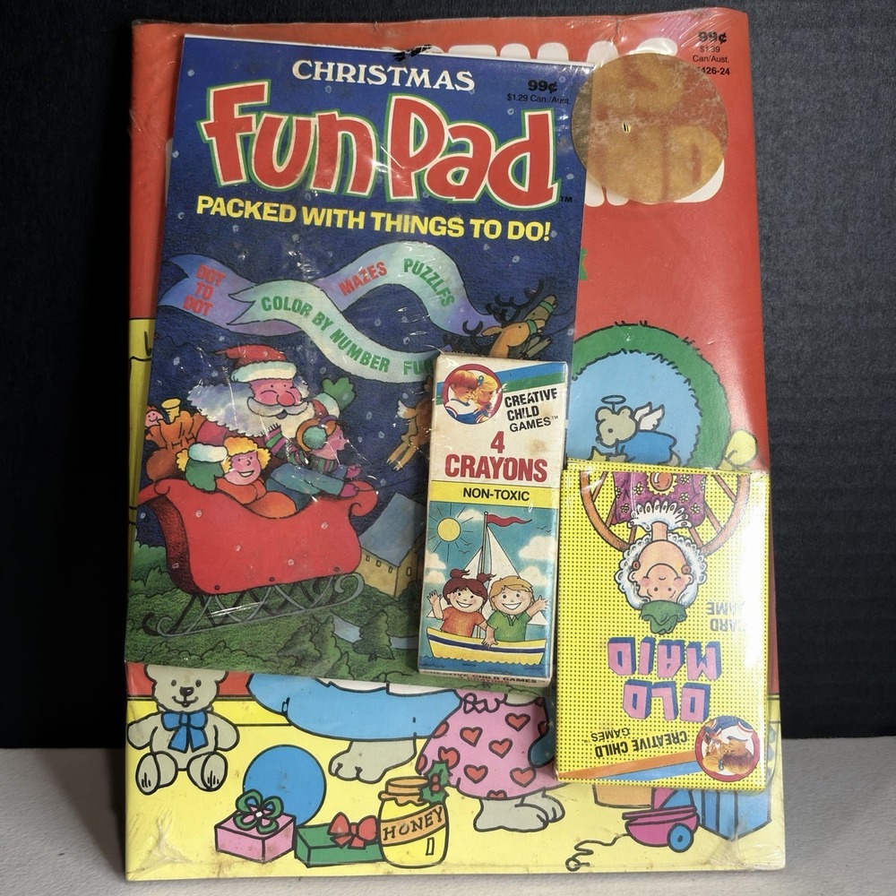 Vintage NOS Christmas Pack Sealed Coloring Books Fun Pad Crayons Old Maid Cards